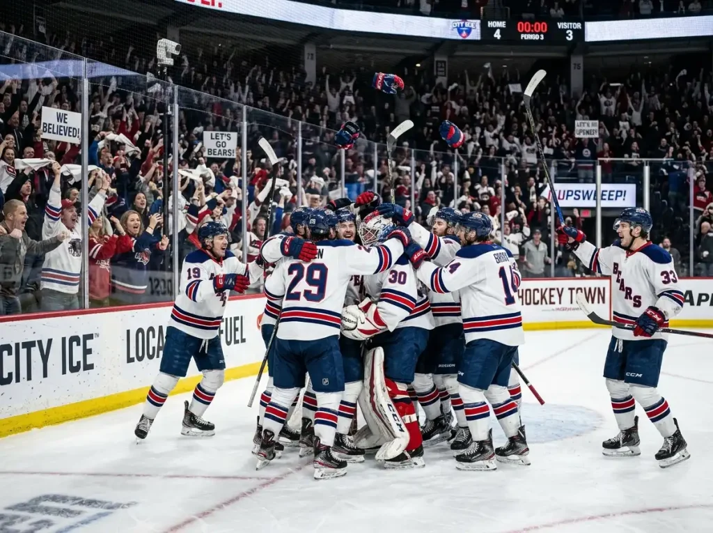 Home underdog NHL team celebrating an outright upset victory