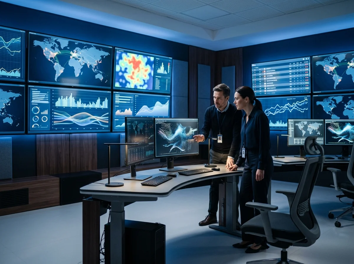 Operations room with multiple screens monitoring live sports betting markets