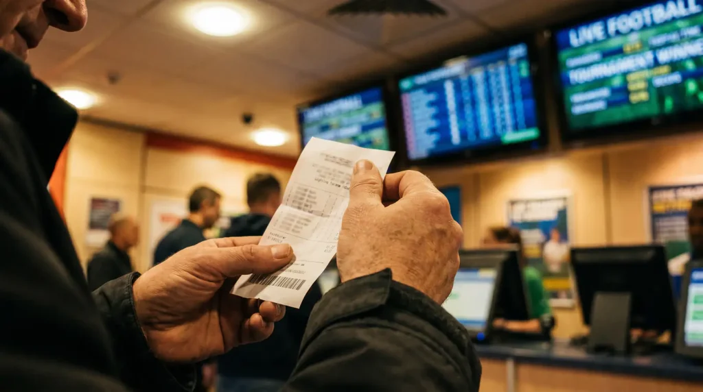UK punter holding a multi-leg ice hockey accumulator bet slip in a betting shop