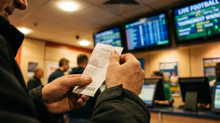 UK punter holding a multi-leg ice hockey accumulator bet slip in a betting shop