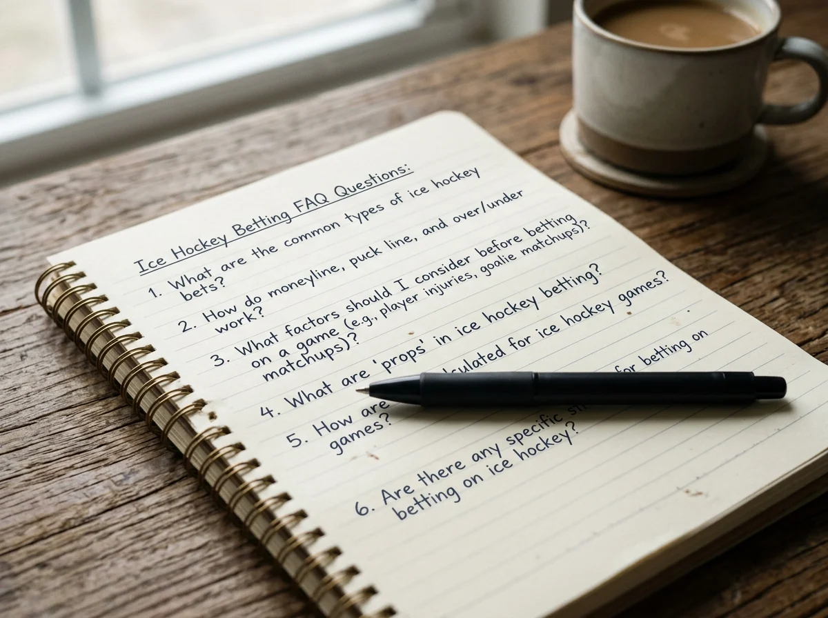 Open notebook with handwritten ice hockey betting questions and a pen on a wooden desk