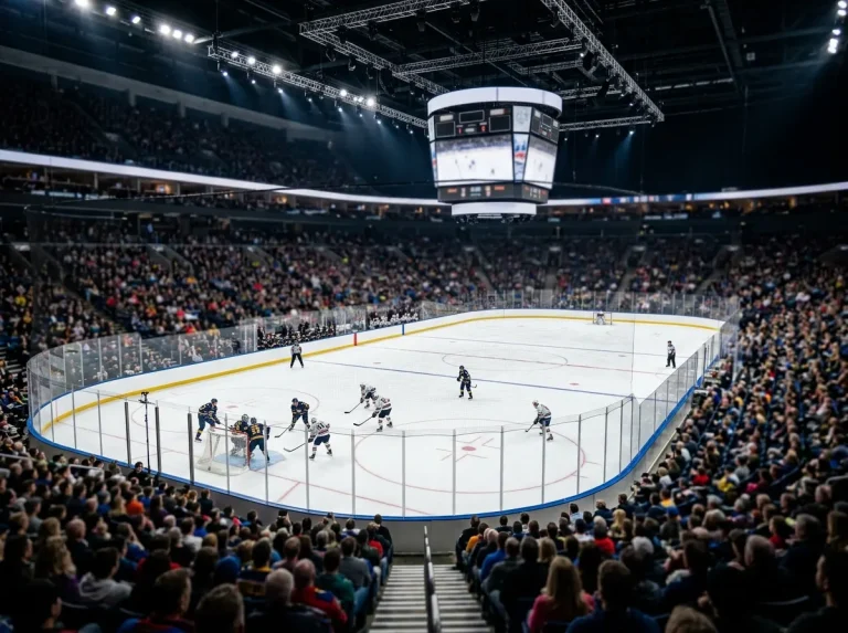 UK ice hockey arena viewed from the stands during a packed game