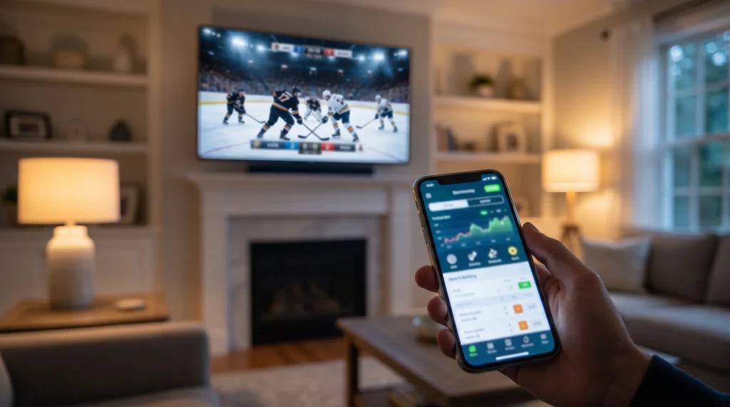 Live ice hockey game on a TV with a smartphone betting app open beside it