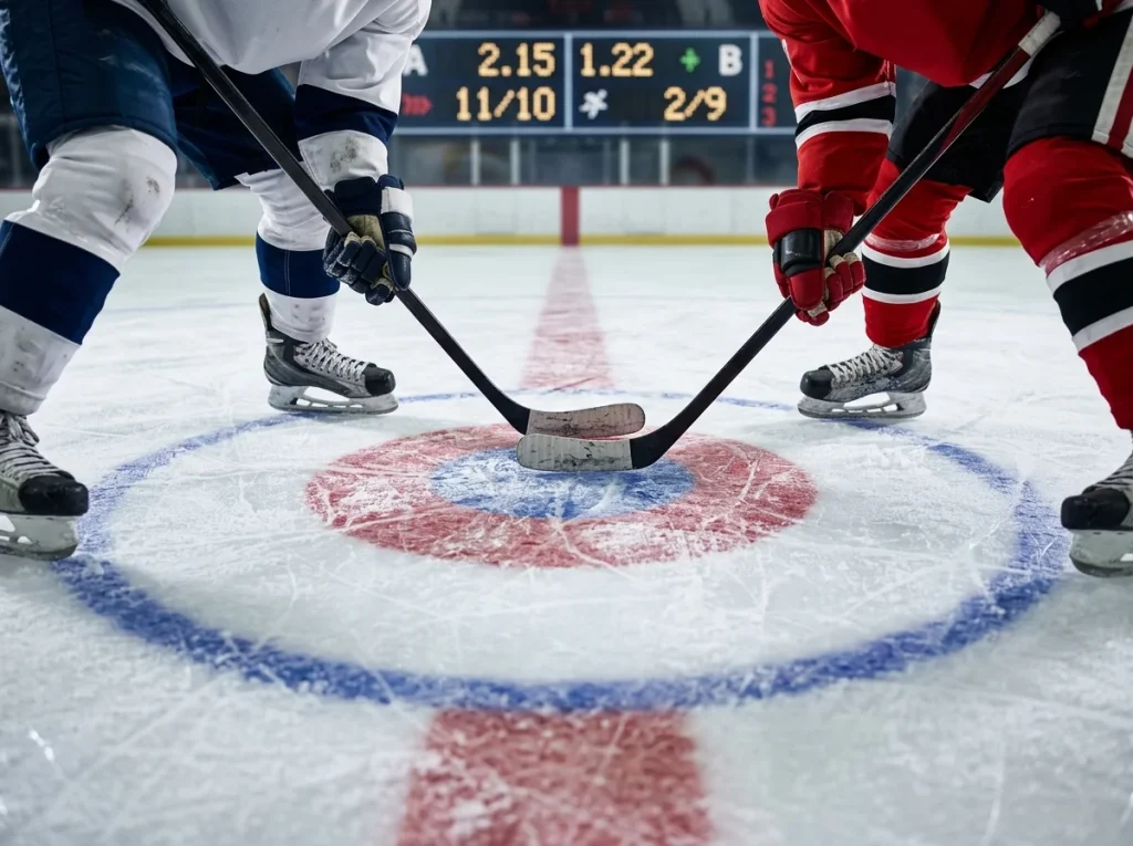 Ice hockey faceoff dot with moneyline odds displayed in fractional and decimal formats