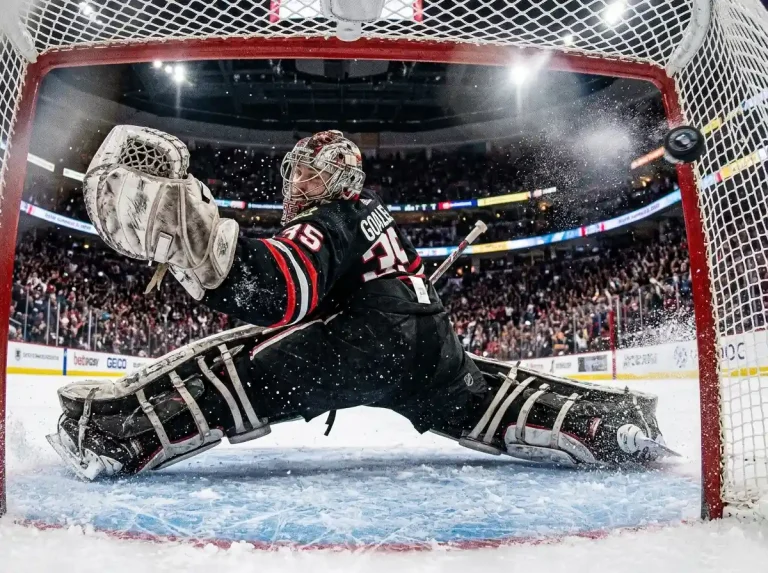 NHL goalie reaching across the crease during a high-scoring game