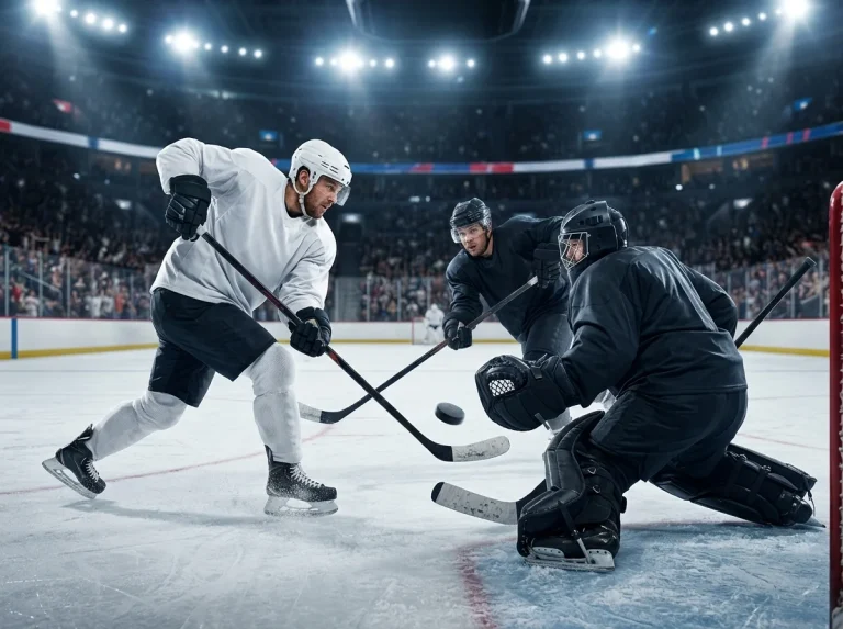 NHL forward firing a wrist shot from the slot with a goaltender preparing to make the save