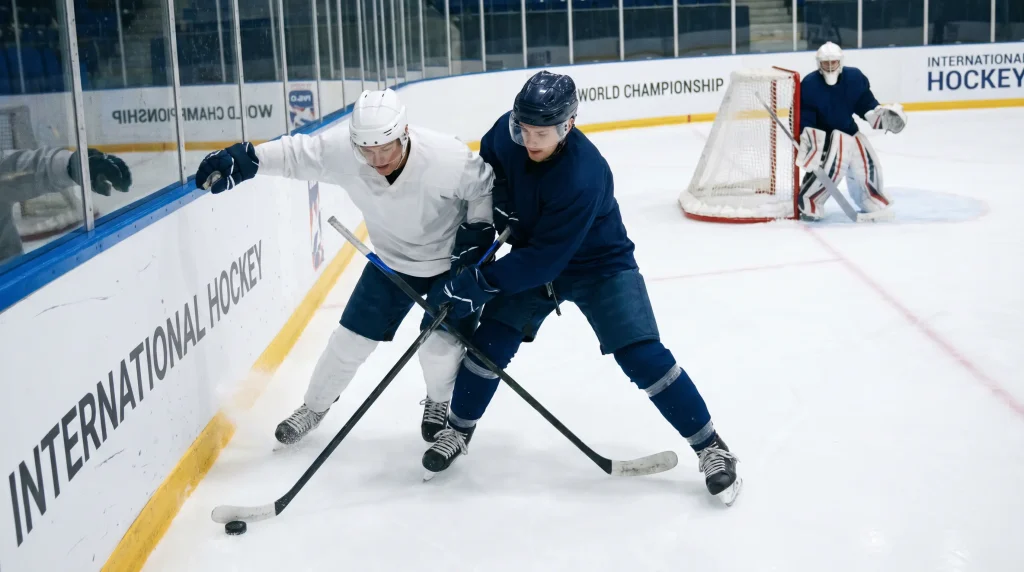 Ice hockey players battling along the boards during an IIHF group-stage match