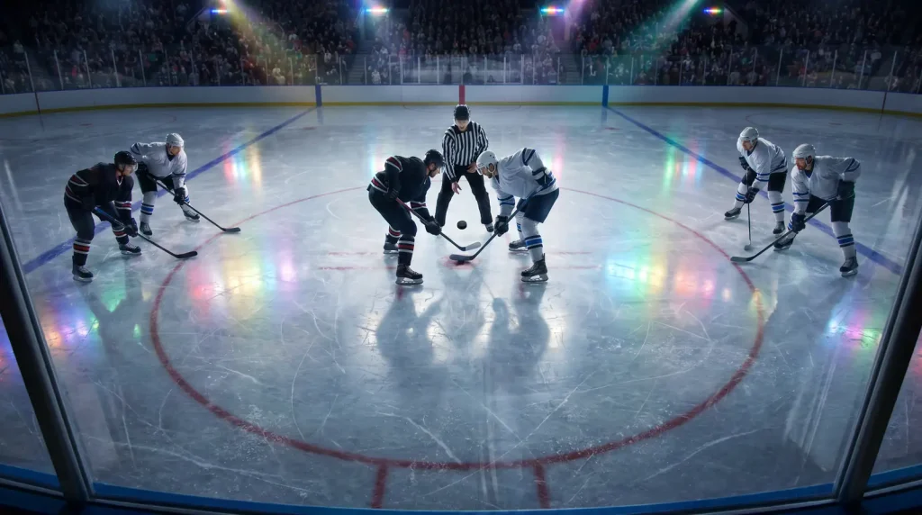 Players lining up at the faceoff circle during an IIHF knockout-round overtime