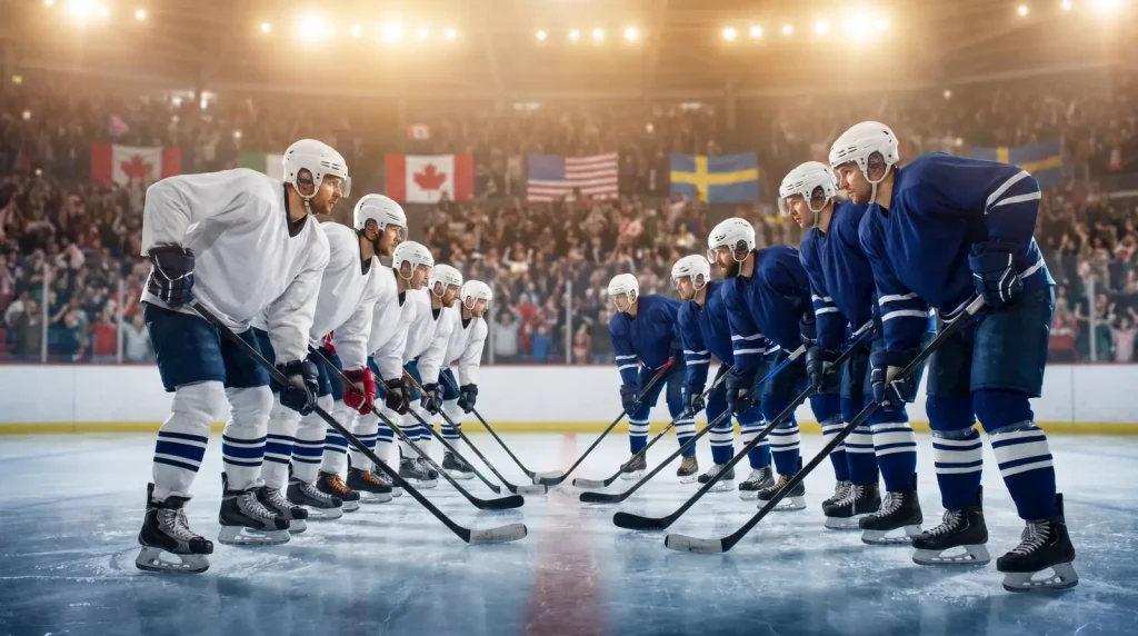 National team ice hockey players lining up before an IIHF World Championship faceoff