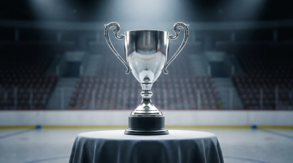 IIHF World Championship trophy displayed on a presentation table