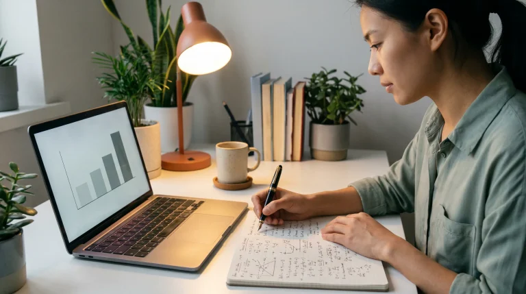 Hockey bettor working through devigging notes at a desk with a laptop