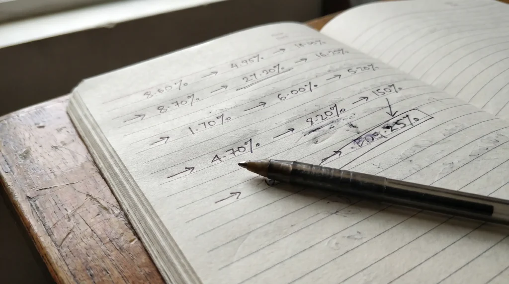 Implied probability notes on lined paper with a pen