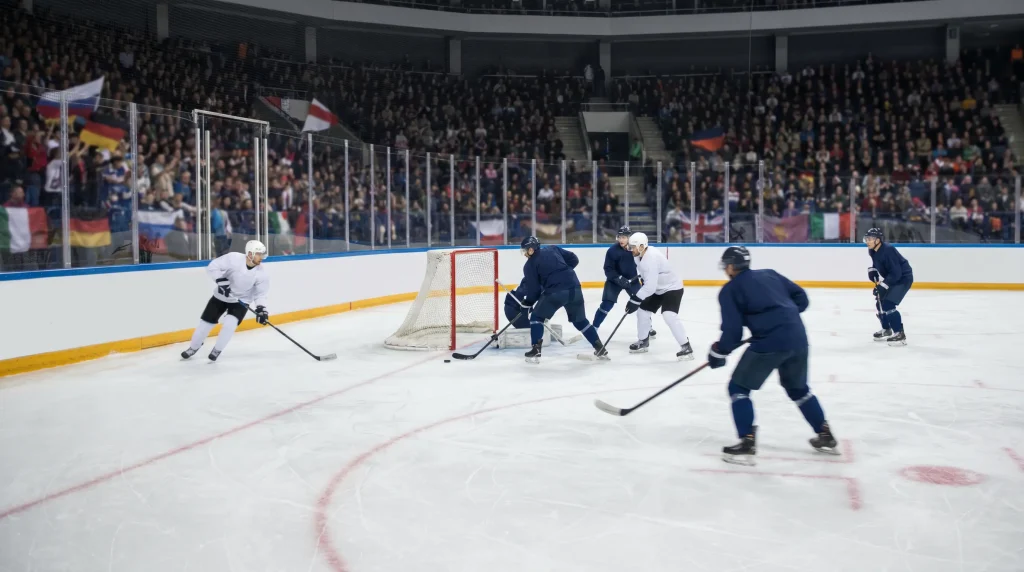 International hockey tournament action with national-team flags blurred