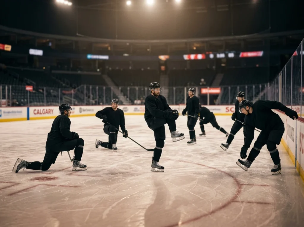 NHL team in dark jerseys warming up at home before a regular-season game