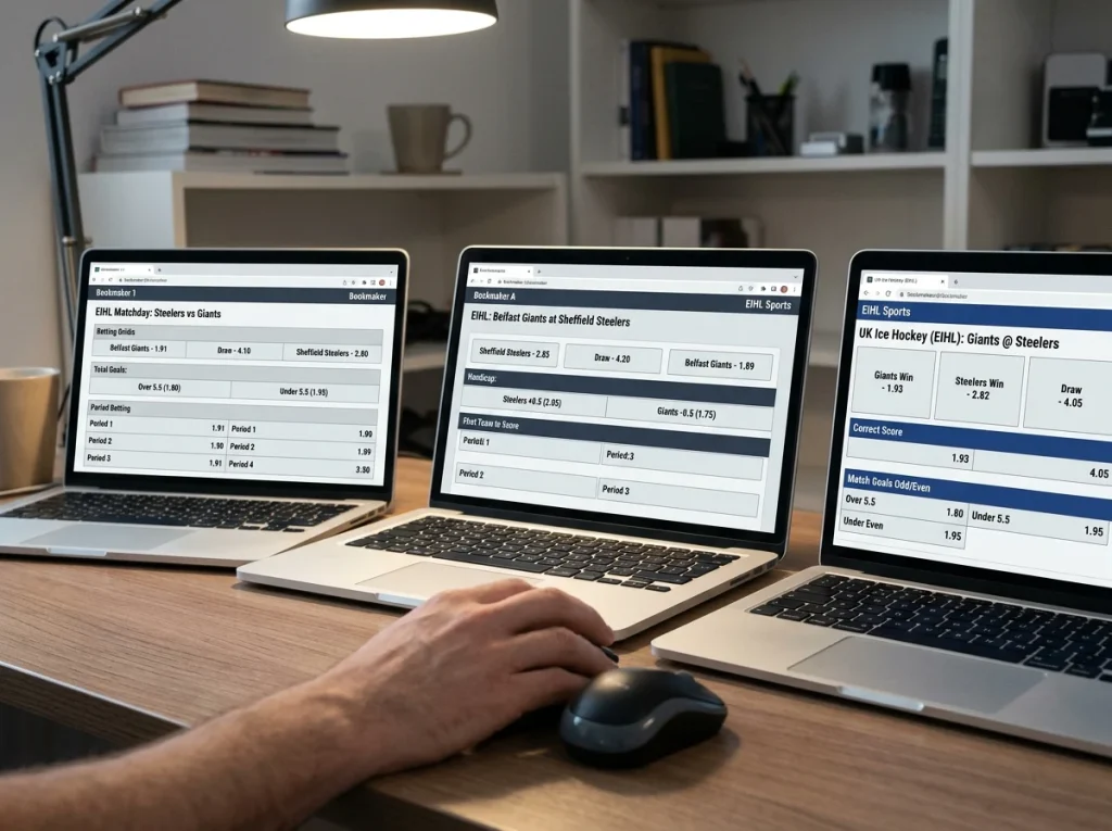 Multiple browser tabs with different UK sportsbook EIHL prices side by side