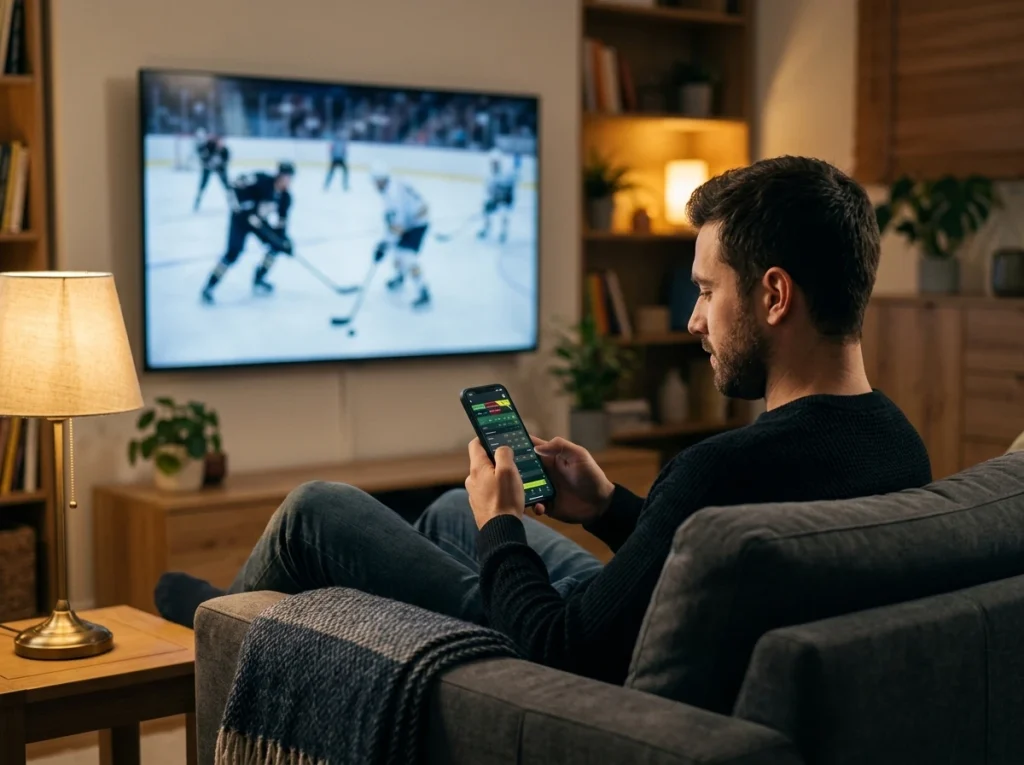 Live betting on a phone while a hockey game plays on TV