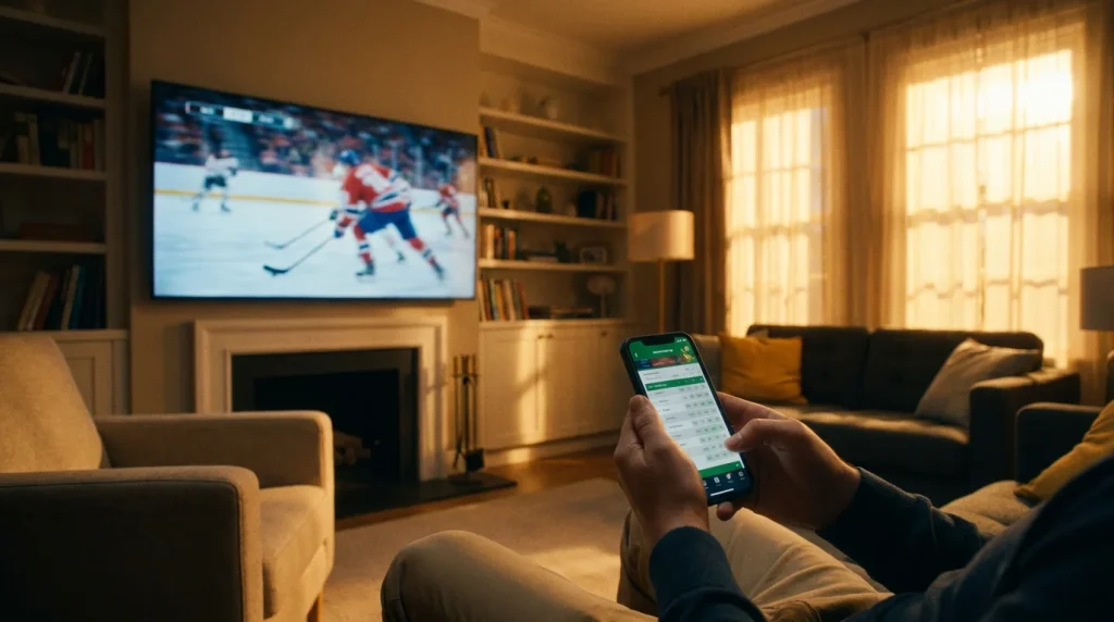 Live NHL game on a TV with the in-play hockey app open on a phone