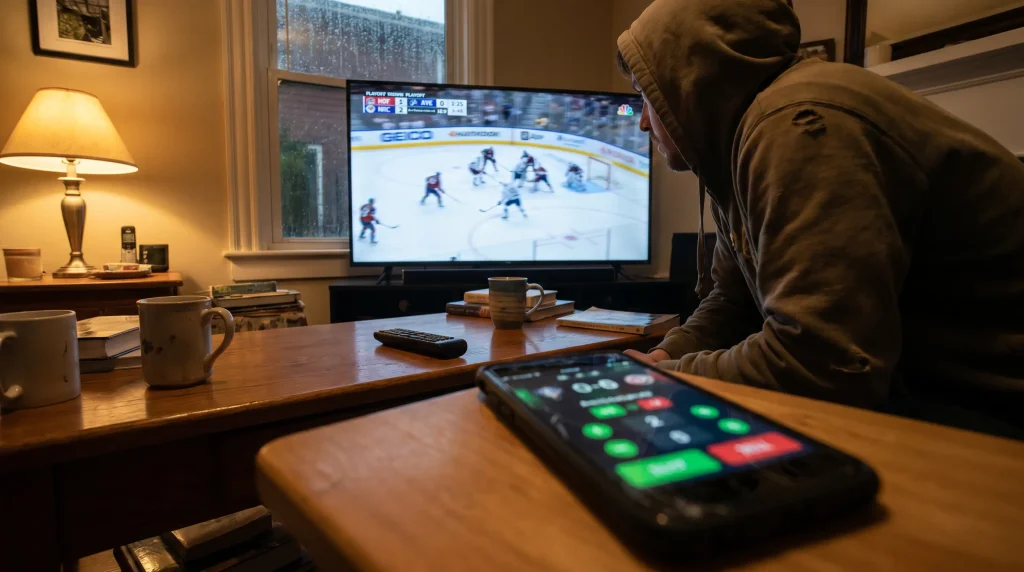 Live playoff game on TV with a betting app open in foreground