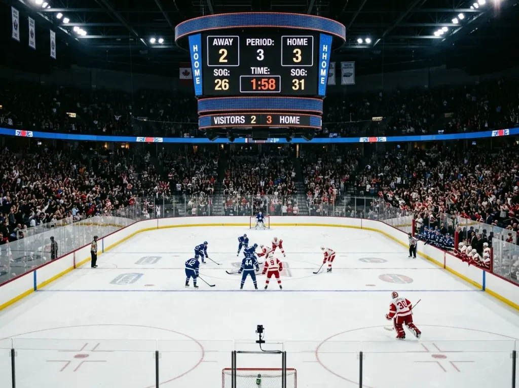 Hockey scoreboard showing a one-goal third period with goalie pulled