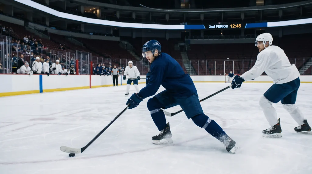 Long-line-change winger fighting through the neutral zone in the second