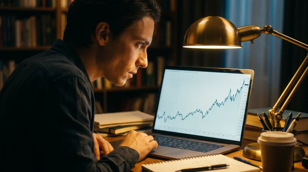 Long-term betting equity curve open on a laptop