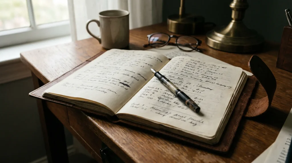 Long-term betting journal pages on a wooden desk