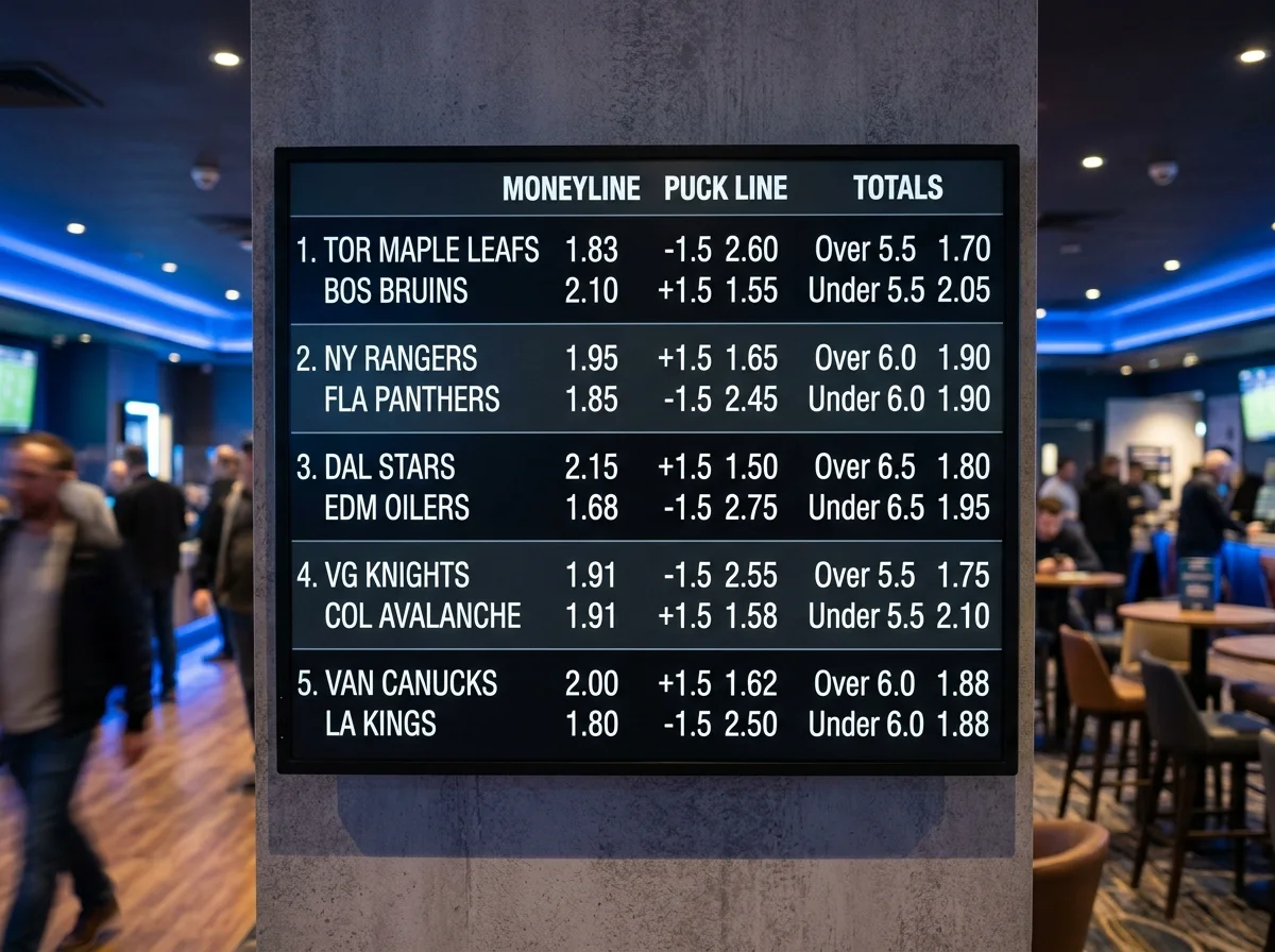 Sportsbook board showing moneyline, puck line and totals markets for a hockey fixture