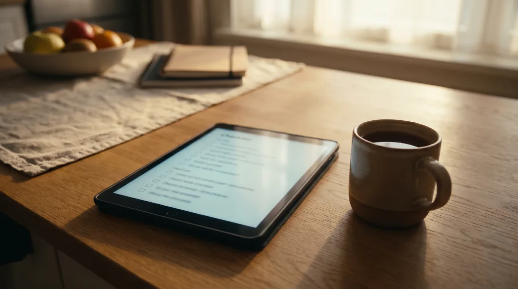 New account setup checklist on a tablet at a kitchen table
