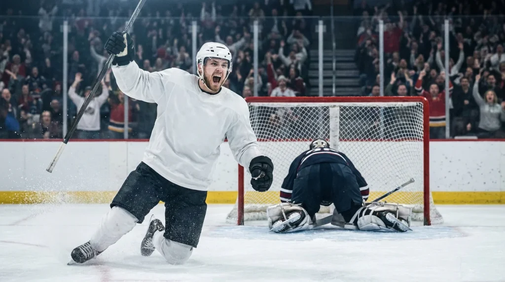 NHL forward in mid-celebration after scoring a goal, stick raised high