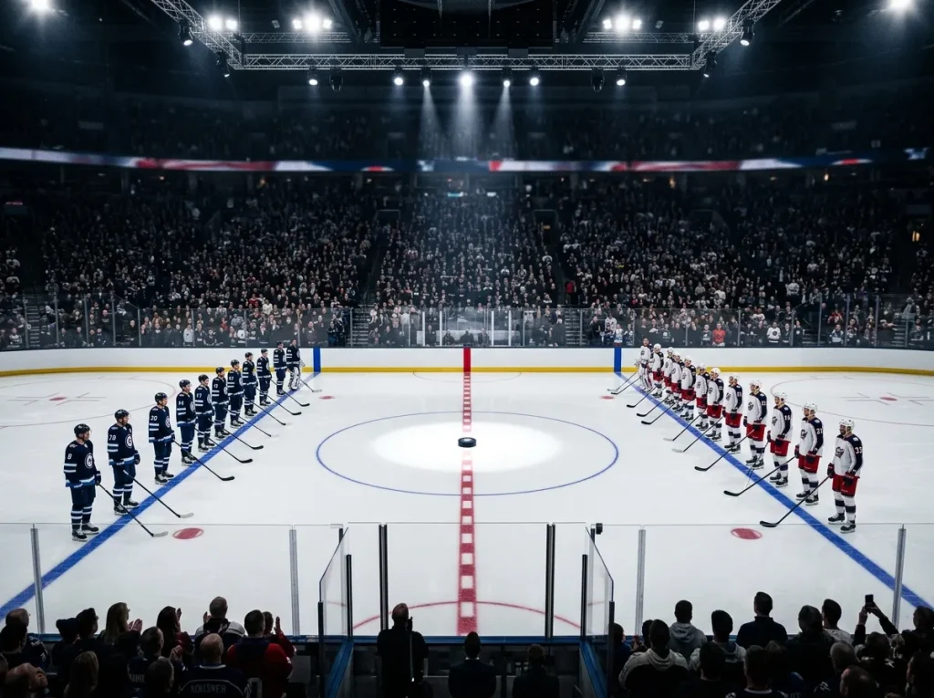 NHL ice hockey arena with home crowd and lit centre faceoff dot