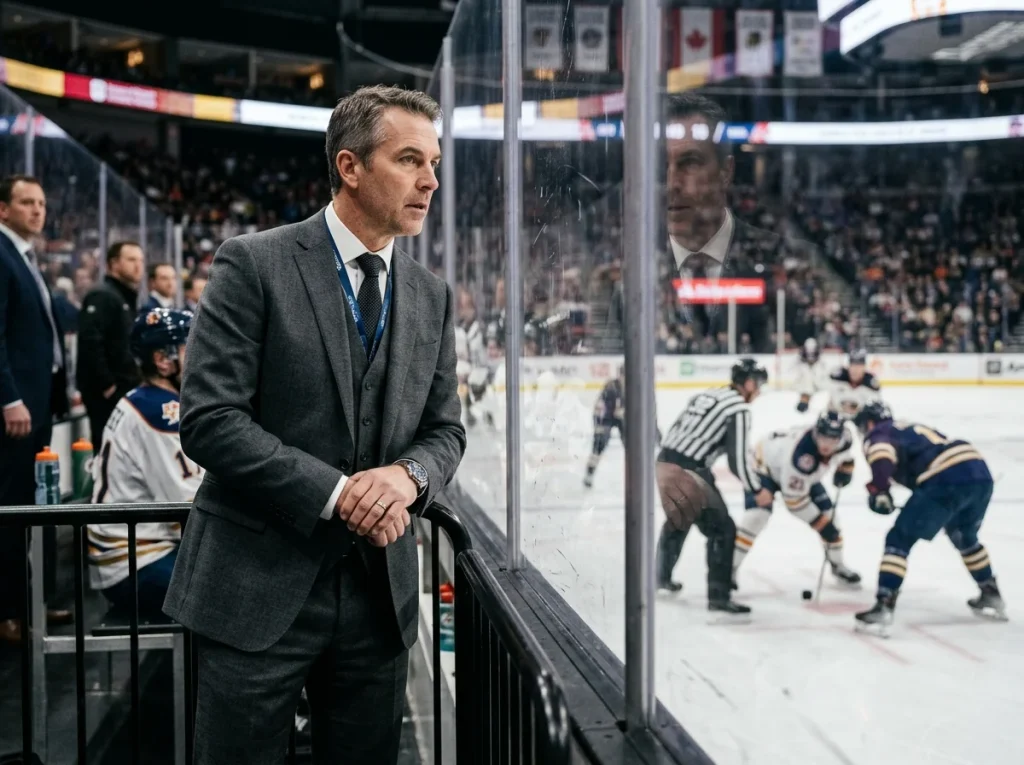 NHL head coach watching from the bench during a critical faceoff