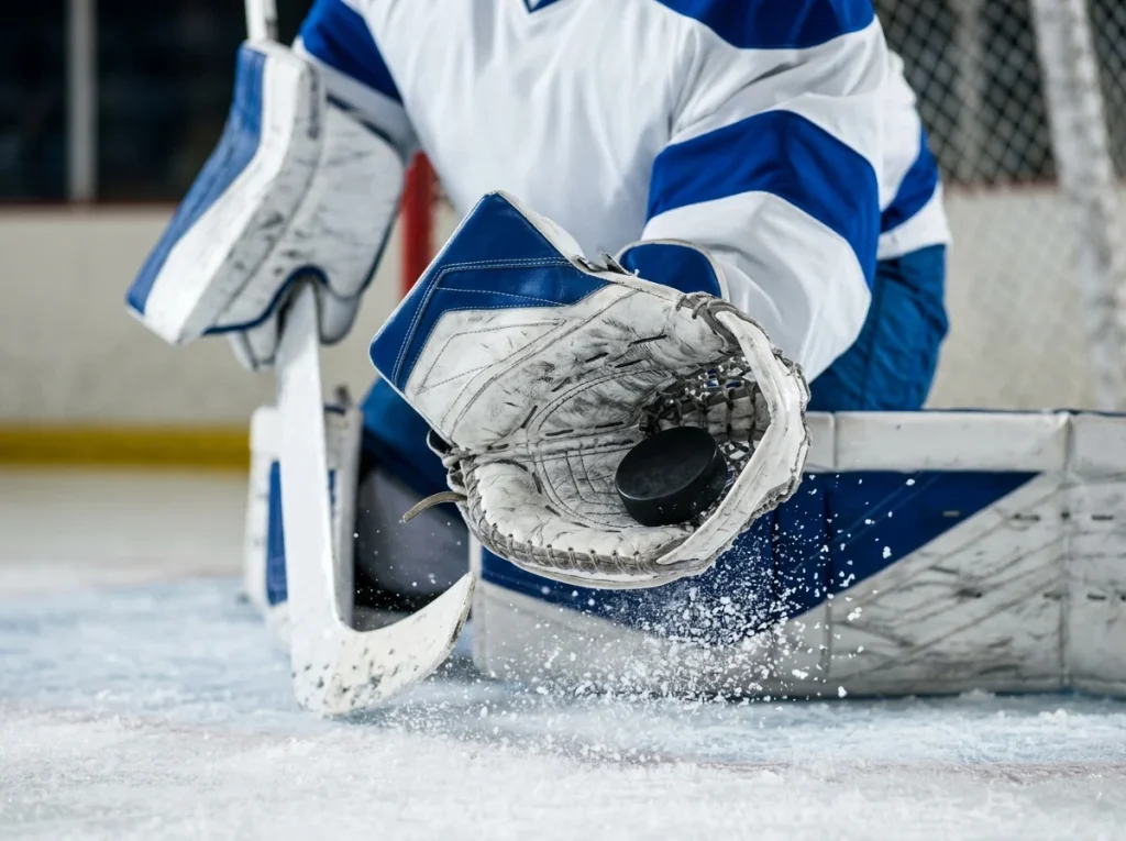 Close-up of an NHL goaltender making a glove save in tight
