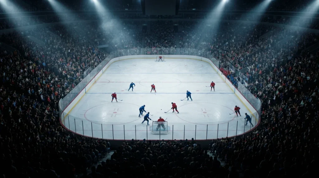 Wide arena view during a busy NHL night with multiple games in progress