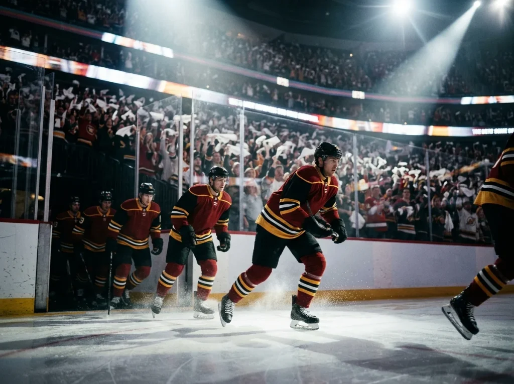 Packed NHL home arena with the home team taking the ice through a tunnel
