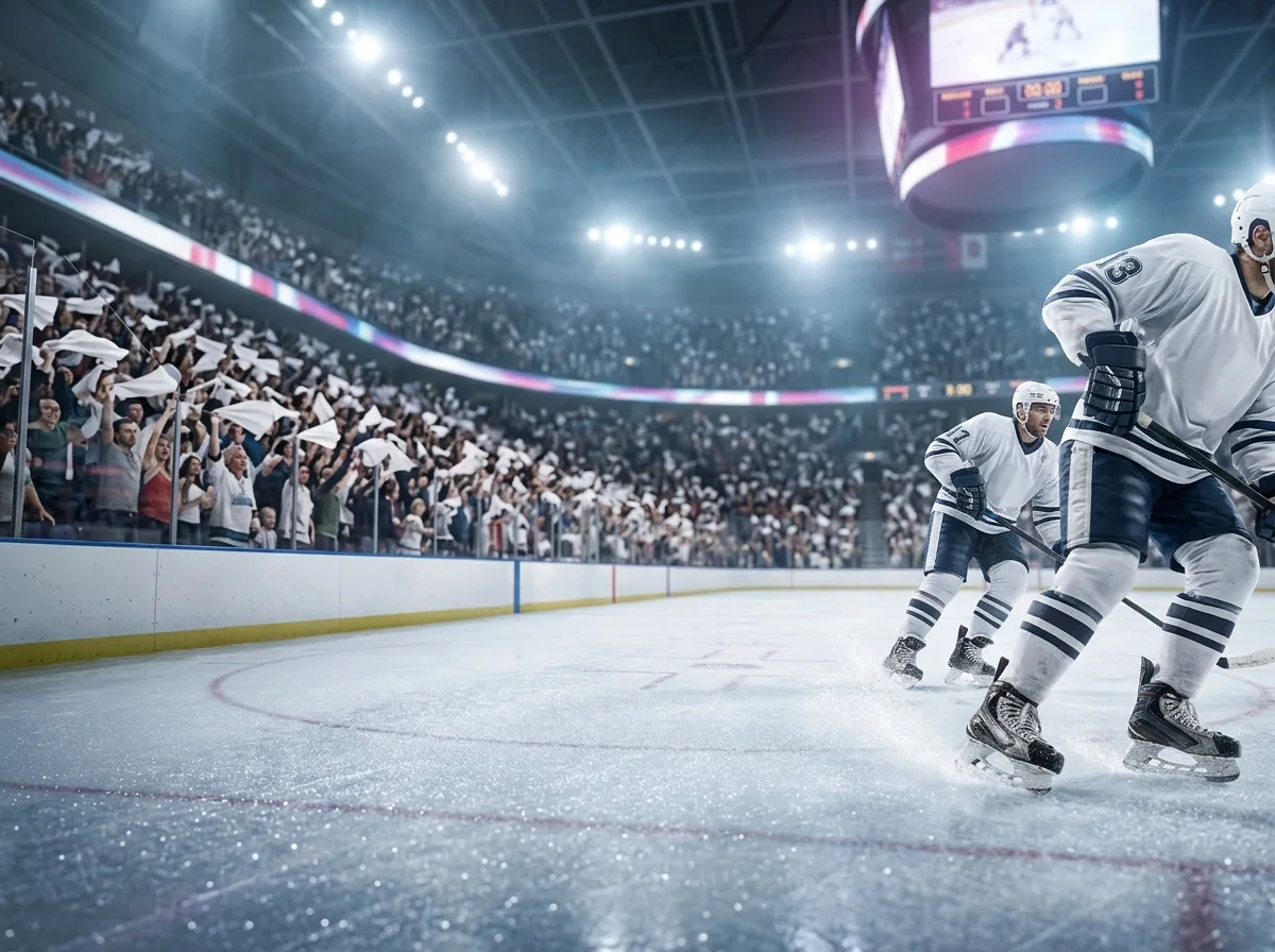 Packed NHL arena from ice level with home fans waving white towels