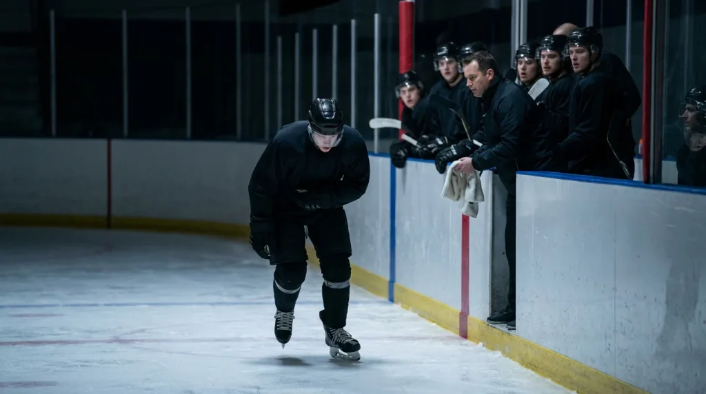 NHL player skating off the ice favouring an injury