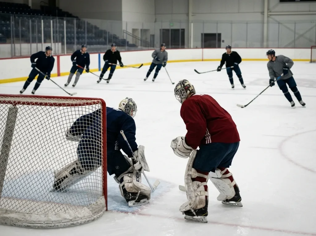 NHL morning skate session with goaltenders rotating through drills