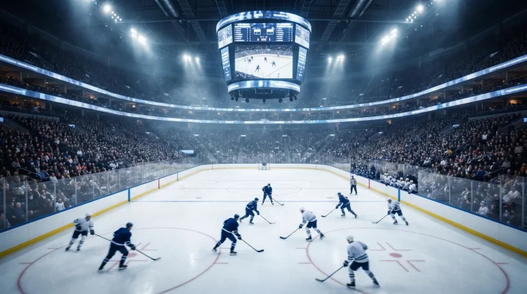 NHL game in progress with the arena scoreboard showing period progress and score