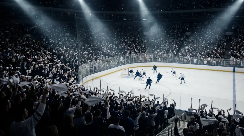 NHL playoff arena packed with fans waving towels during a series game