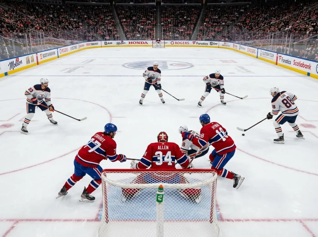 NHL power play formation in the offensive zone with goalie in net