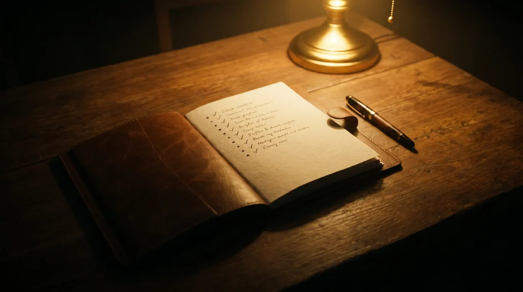 Handwritten pre-bet checklist in a leather notebook on a wooden desk