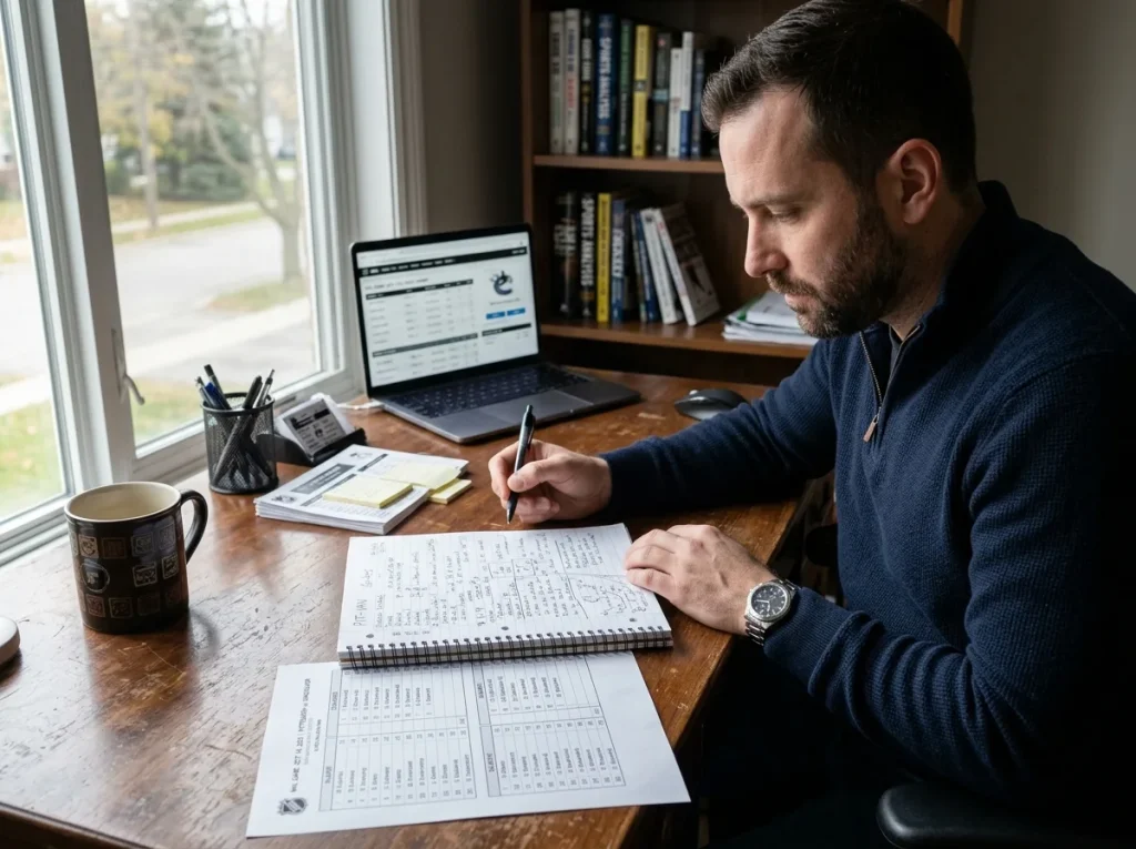 Hockey analyst checking notes and lineup sheet before puck drop