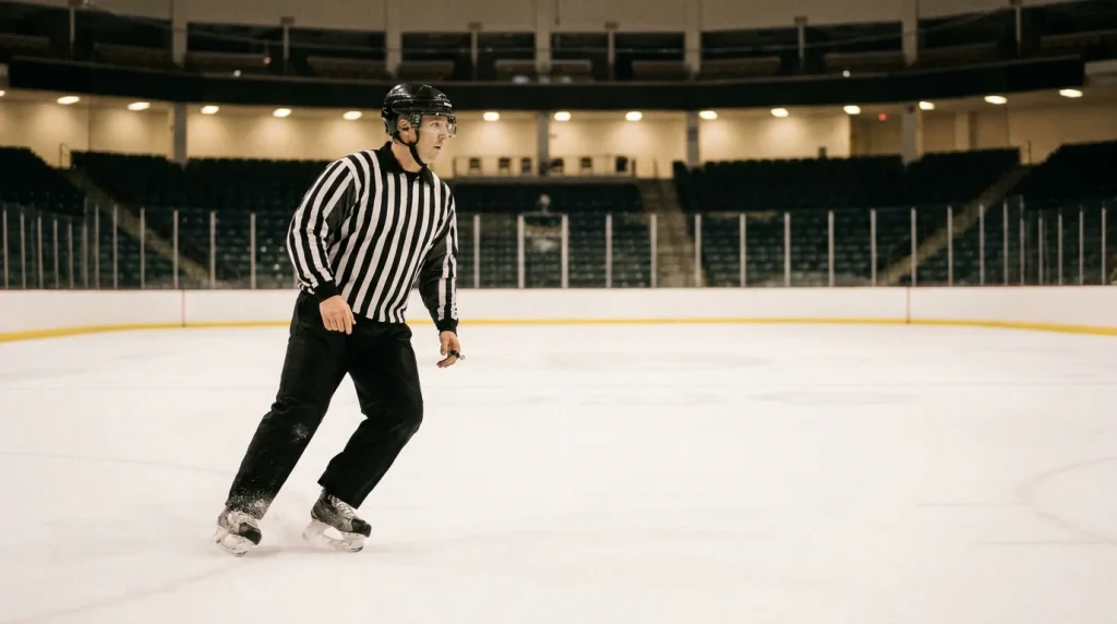 NHL referee skating through pre-game warm-ups