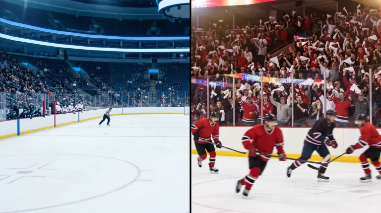 Side-by-side perspective of an NHL regular-season arena and a playoff arena