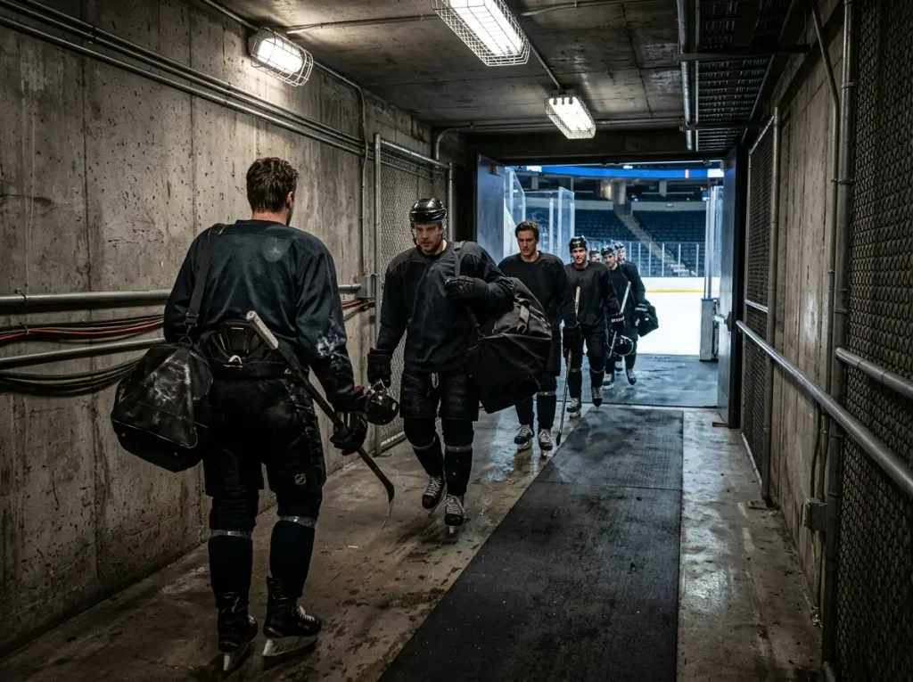 Road team entering an opposing arena through the visitors' tunnel
