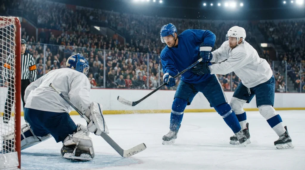 NHL forward winding up for a shot on goal with goaltender squared to the puck