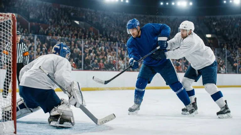 NHL forward winding up for a shot on goal with goaltender squared to the puck