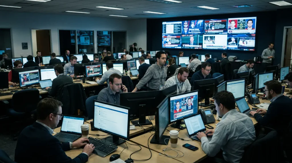 Sports news desk during the NHL trade deadline with breaking-news ticker on monitors