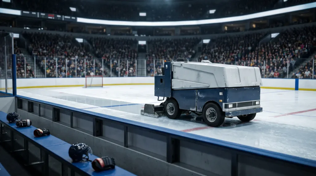 Zamboni cleaning the ice between periods of an NHL game