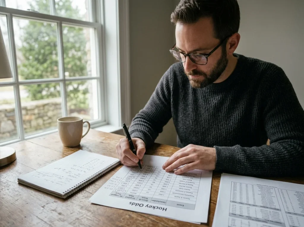 Analyst working through devig maths on a printed odds sheet